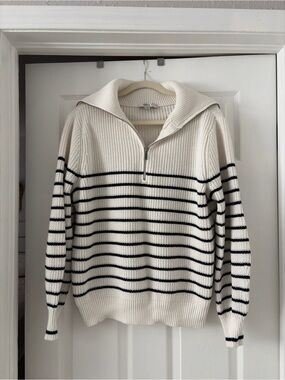 Ever New Cream and Black Oversized Striped Zip-Up Sweater